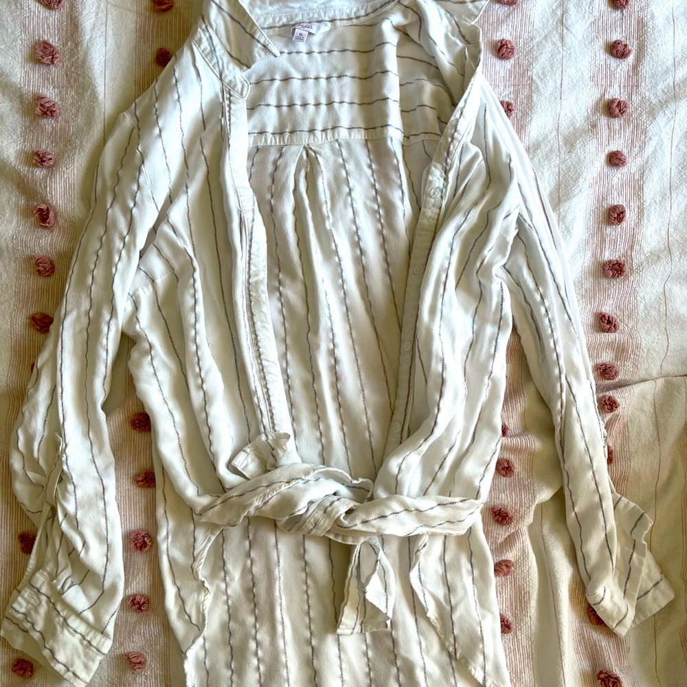 Silver-Glitter Striped Button Down Blouse